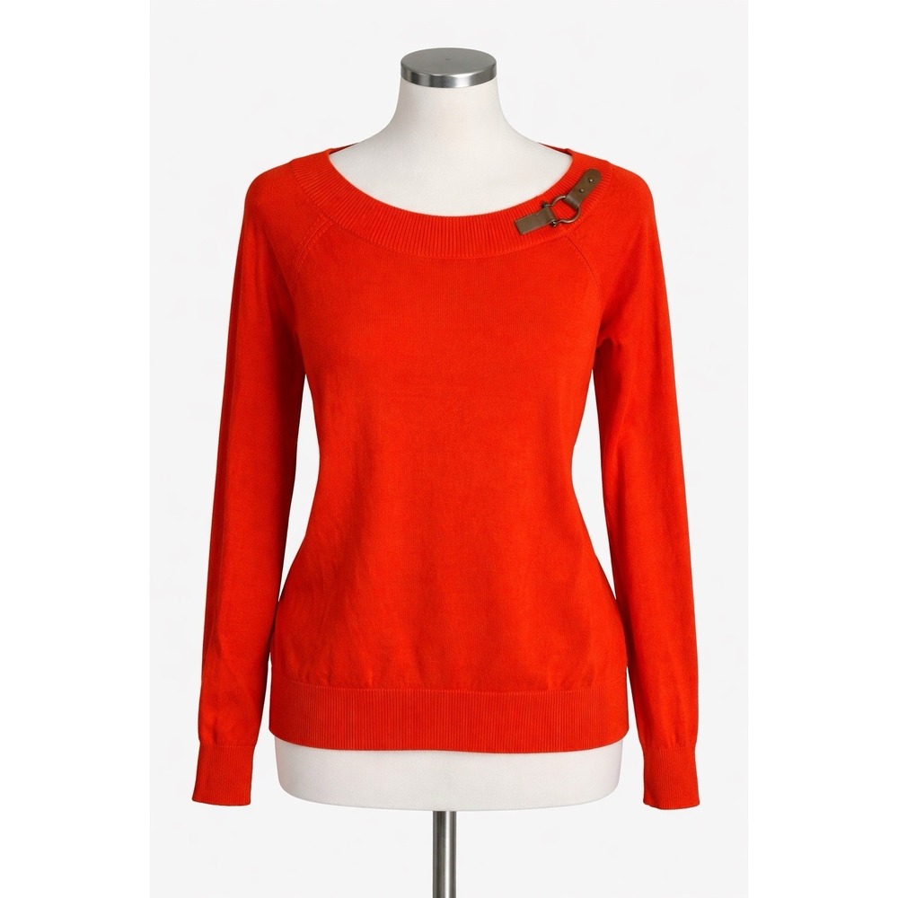 Lauren Ralph Lauren Sweater Womens L Orange Cotton‎ Leather Buckle Shoulder Knit